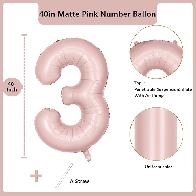 40 inch Pink Number Balloon Light Pink 3 Balloon Number 3 Balloon for 3rd Birthday Party Decorations