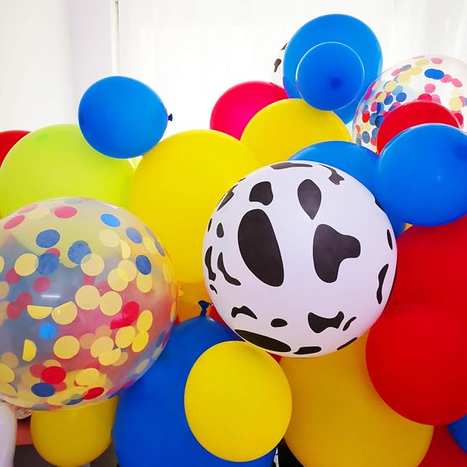 Red Yellow Blue Balloon Arch & Garland Kit with12" 5" Cloud Cow Print Balloons Fruit Green Latex Balloons Confetti Balloon Set for Baby Shower Kids Birthday Party Decorations