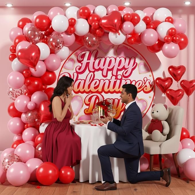 Valentines Day Balloons Garland Arch Kit - 147Pcs Different Size Red Pink White and Confetti Balloons with Heart Foil Balloon for Valentine's Day Galentine's Day Anniversary Party Decorations