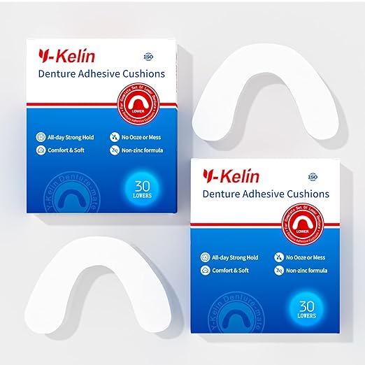 Y-Kelin Lower Denture Adhesive Cushions, Adhesive-Free Denture Pads for Sore Gums, 30 Pads*2 (60 Strips)