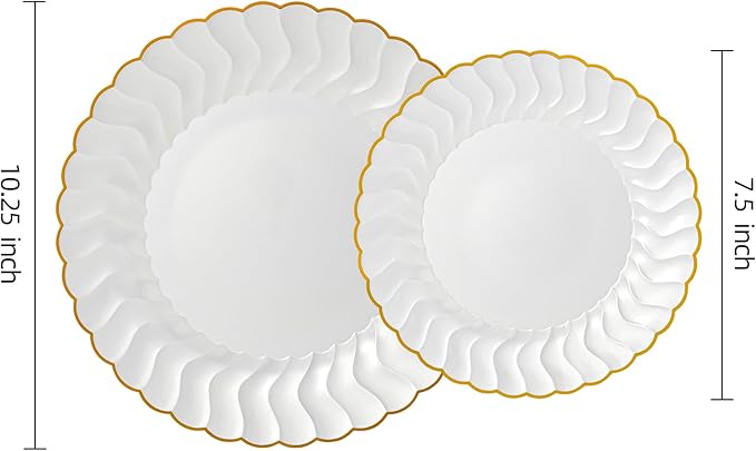 Lullaby 60PCS Pearl White Scalloped Plastic Plates with Gold Rim, Disposable Elegant Plates Include 30pcs Dinner Plate 10.25", 30pcs Dessert Plate 7.5", Perfect for Daily Use, Wedding and Party
