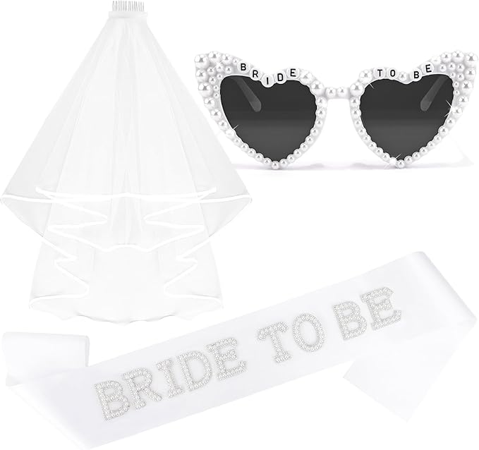 Bride to Be Set: Pearl-Trimmed Heart Sunglasses, Pearl BRIDE Sash & Tulle Veil - Bachelorette Party Bridal Accessories