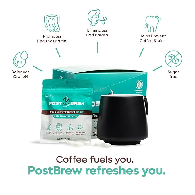 PostBrew Mints Xylitol After Coffee SuppleMINT– Sugar-Free, Aspartame-Free Mint, Neutralize pH & Odor, Support Oral Health & Freshen Breath (4 pack, 30 Count Each)