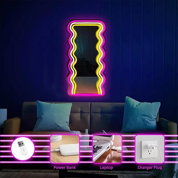 LED Mirror Neon Lights Light Up Dressing Mirror Cat/Shine Heart/Bat/Butterfly Shape Neon Mirror Sign for Modern Home Girl Room Bathroom Salon Wall Art Decor Gift For Girlfriend USB Powered