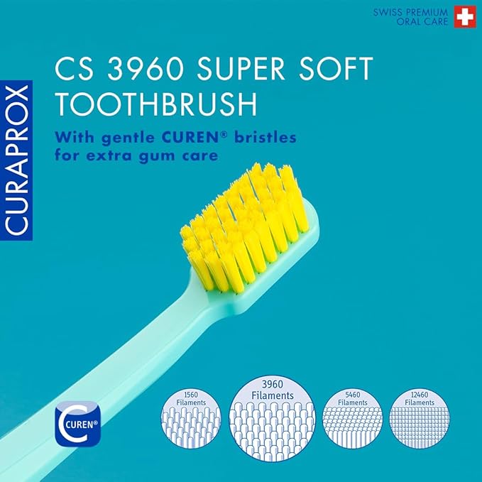 Curaprox CS 3960 Super Soft Toothbrush– Adult Gum and Tooth Care | Super Soft Curen® Filaments for Gentle Cleaning | Assorted Colours, Single Pack