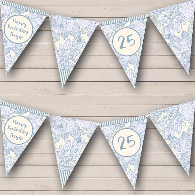 Baby Blue Drawn Floral Age Personalized Birthday Party Bunting - Hanging Party Decoration - Birthday Party Banner Garland | Decorative Party Supplies