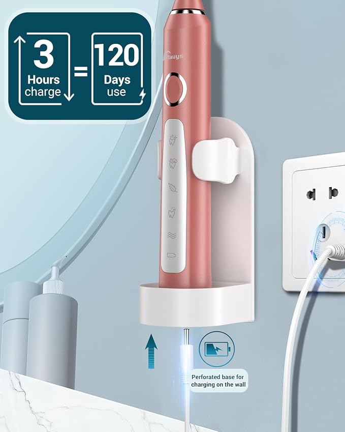 Rtauys M5 Sonic Electric Toothbrush for Adults and Kids - Rechargeable Electric Toothbrush Kids Ages 12+ and Adults with 8 Brush Heads & Travel Case, 120 Days Battery Life - Rosered