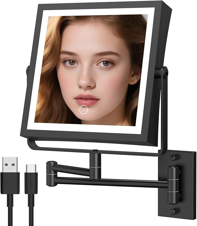 Wall Mounted Makeup Mirror with Lights 4000mAh Rechargeable Double Sided 1X/10X Magnifying Lighted Vanity Mirror with 3 Color Lights & Touch Dimmable 360° Rotation Extension Swing Arm for Bathroom