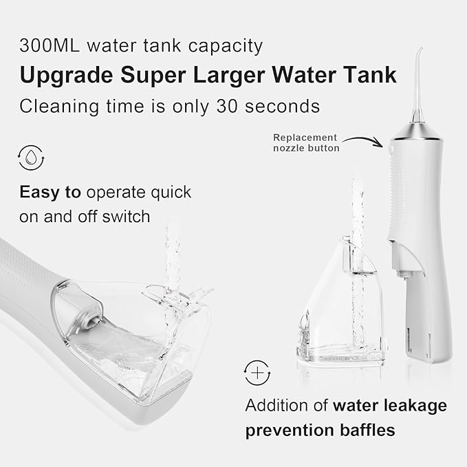 Water Dental Flosser for Teeth, Portable Cordless Water Flosser with 300ML Rechargeable with Type-C, IPX7 Waterproof Water Flossers for Adults with 3 Intensity Modes and 3 Flossing Tips
