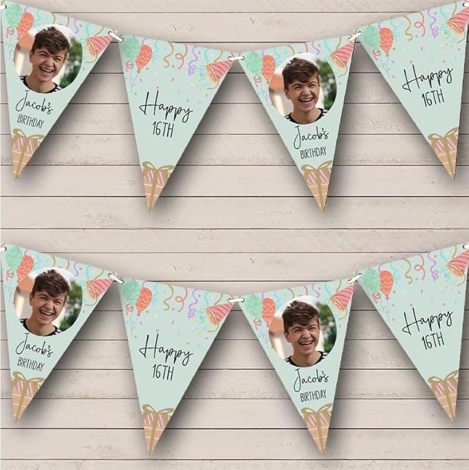 Pastel Confetti Gift Balloons Photo Personalized Birthday Party Bunting - Hanging Party Decoration - Birthday Party Banner Garland | Decorative Party Supplies