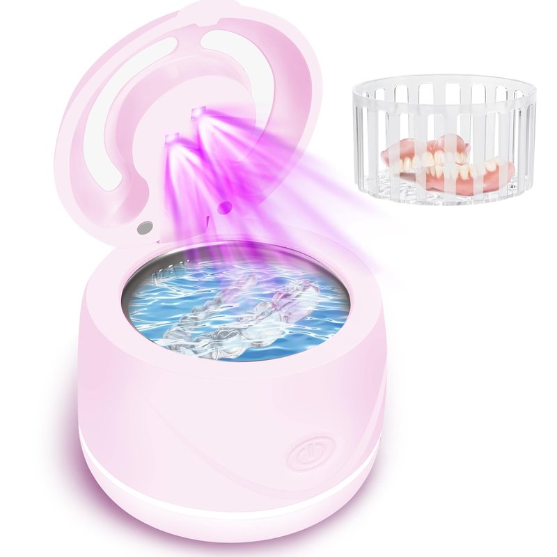 Ultrasonic denture cleaner for dentures, mouth guards, toothbrush heads, jewelry - 45 kHz Ultrasonic Retainer Cleaner (Pink)