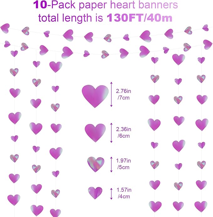 10 Pack 130ft Iridescent Purple Holographic Heart Party Garland Asymmetrical Love Hanging Banners for Birthday Baby Bridal Shower Wedding Engagement Bachelorette Graduation Decorations