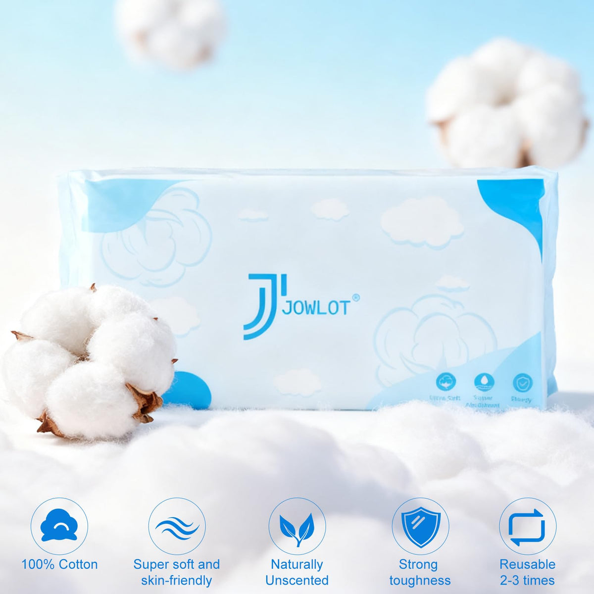 JOWLOT Disposable Face Towels, 480 Count Ultra Soft and Thick Cotton Facial Towels for Sensitive Skin, Dry Wipes Face Tissues Towelettes for Cleansing, Makeup Remover and Skincare
