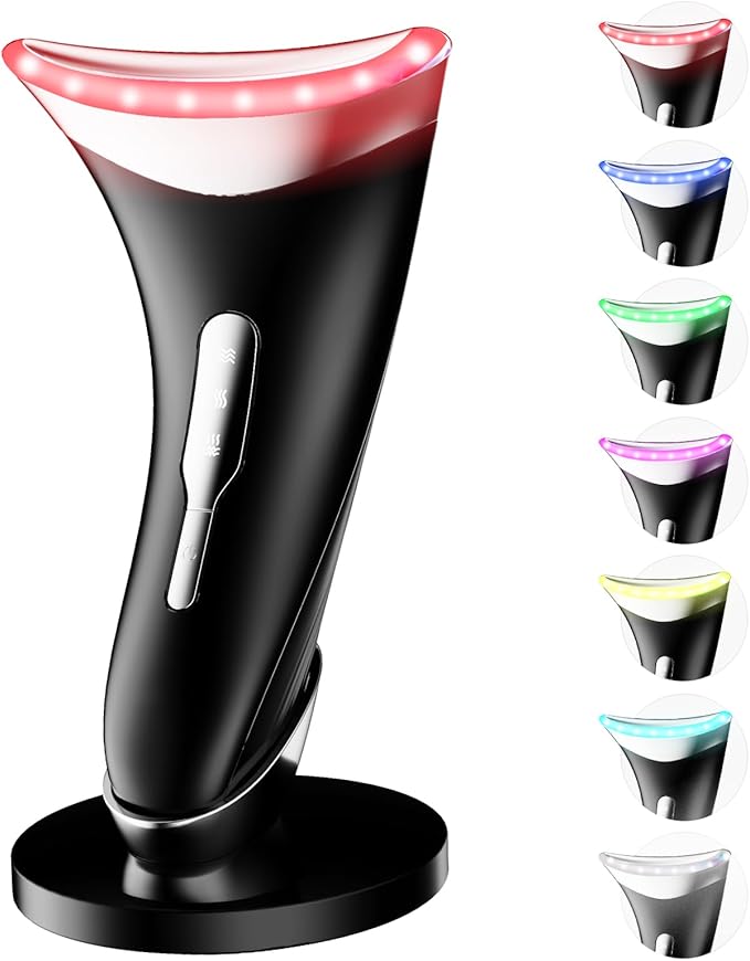 7 Color Light Therapy Facial Massager with Adjustable Vibration and Thermals for Wrinkles, Double Chin, Red Light Skin Care Tool with Base, Black