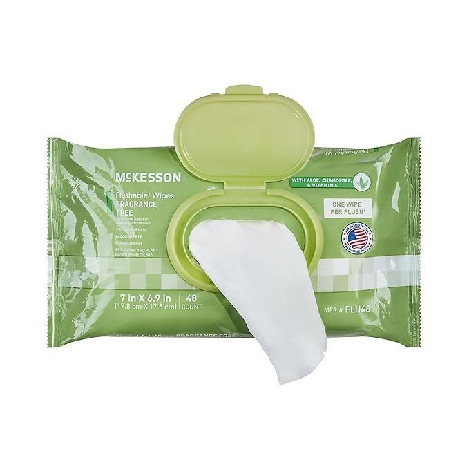 McKesson Flushable* Adult Wet Wipes – 48 Wipes (1 Pack of 48) – Aloe & Vitamin E, Plant-Based Cleansing Wipes, Unscented