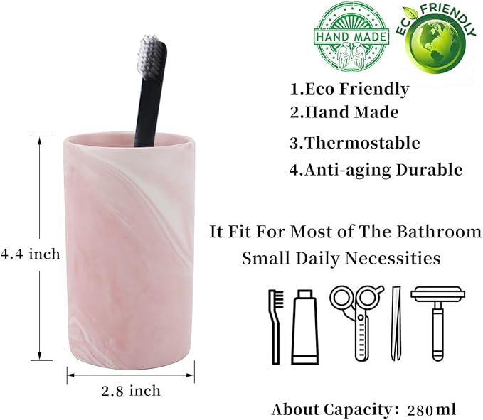 Kelake Ceramic Rustic Pink Marble Bathroom Tumbler Cup for Mouthwash Rinsing Toothbrush and Toothpaste Holder Stand Cups 280 ml Porcelain Milk Drinking Cups for Christmas Birthday