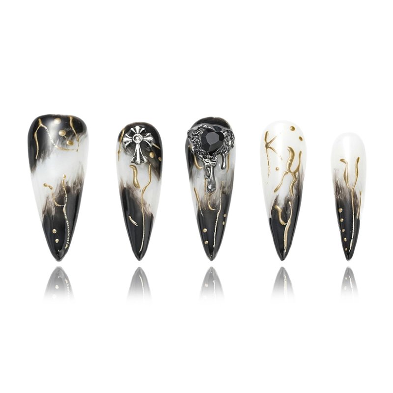 FORBELOVED NAILS,Black And White Swirl Line Handmade Press On Nails,Long Stiletto Glue On Nails,Crosses Decortions Charming False Nails For Women And Girls,10Pcs/Set With Glue,(Black-S),FOB