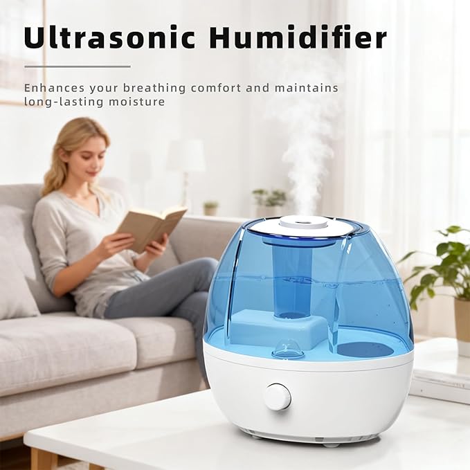 KVM Ultrasonic Cool Mist Humidifier, Quiet Air Humidifiers for Bedroom, Nursery, Office, & Indoor Plants, 360 Rotation Nozzle & 2L Water Tank & Night Light