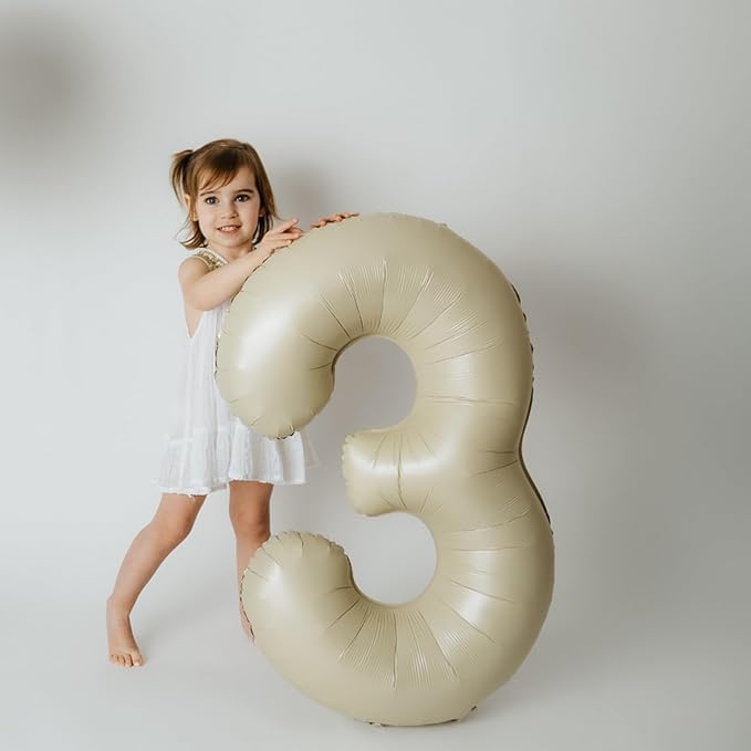 Number 3 Balloon Beige,40 Inch Large Cream Foil 3 Helium Balloons for Boys Girls Birthday Anniversary Decorations
