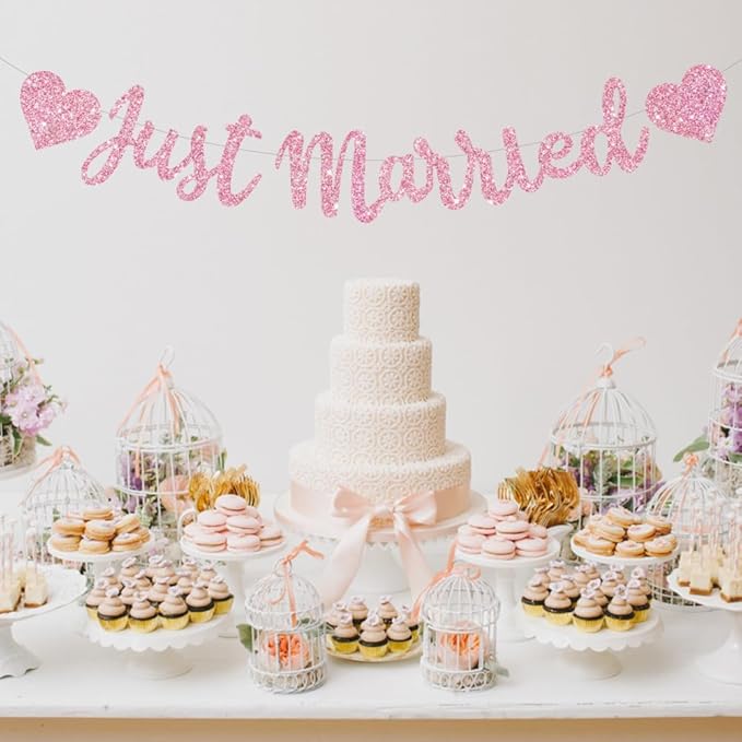 BEISHIDA Pink Just Married Banner - NO DIY, Glitter Wedding Party Banner,Just Married Signs, Bachelorette/Bridal Garland,Engagement Party Decor Supplies, Wedding Reception Party Decorations.