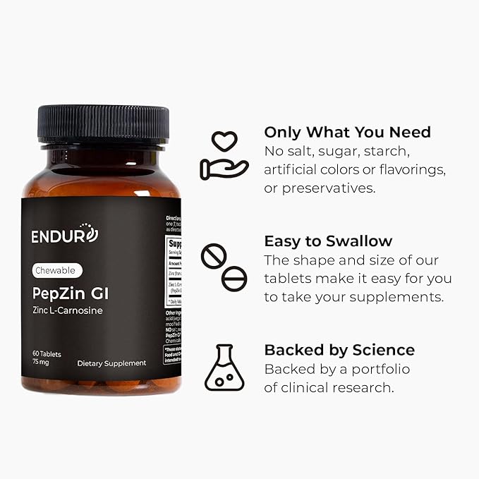 Endur PepZinGI ZINC-CARNOSINE Chewables, Digestive Supplement, Gentle & Effective Formula for Digestive Wellness, Gluten Free, 75mg (60 Tablets)