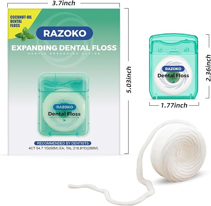 RAZOKO Coconut Oil Dental Floss Expanding Dental Floss Suitable for Wide Spaces (55 Yards, 4 Count) - Mint Flavor
