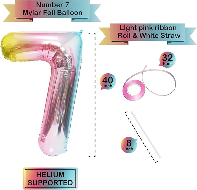 40 Inch Giant Rainbow Number 7 Balloons, Birthday Balloons, Helium Mylar Foil Big Number Balloons for Birthday Party Decorations, Kids' Birthday Anniversary Party Baby Shower Unicorn Parties