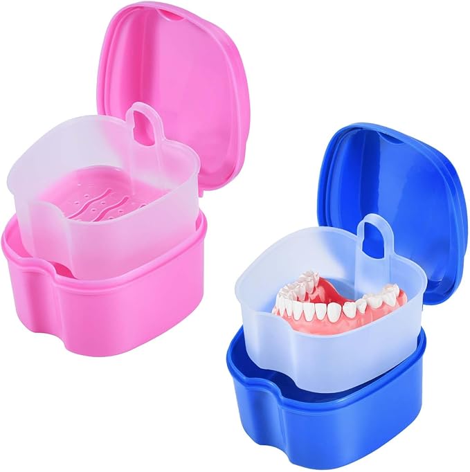 2 Pack Colors Denture Bath Case Cup Box Holder Storage Soak Container with Strainer Basket for Travel Cleaning (Blue and Pink)