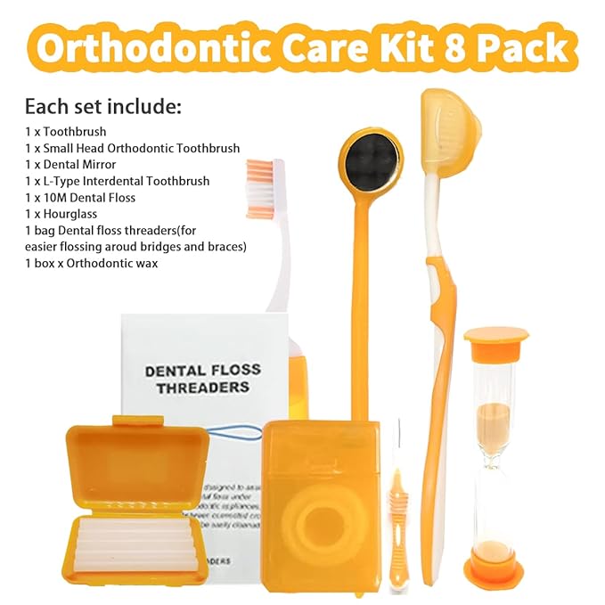 Braces Cleaning Kit for Teeth, Portable Orthodontic Toothbrush Kit Oral Care Dental Travel Kit - Interdental Brush Dental Wax Dental Floss Toothbrush Box (Orange)
