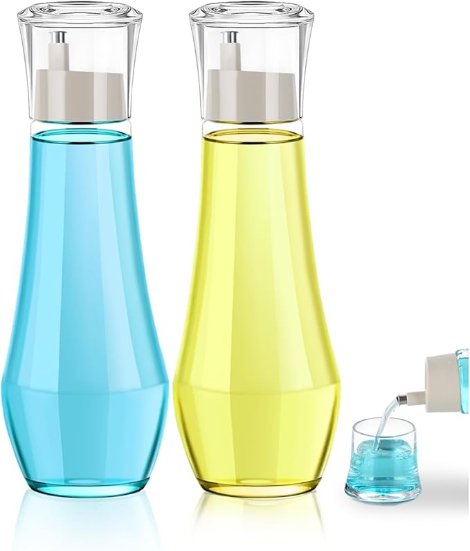 Glass Mouthwash Dispenser for Bathroom, Mouth Wash Container Bottle with Lid Cup, Small Clear Refillable Mouthwash Decanter Holder (2 Pack/ 7.5)