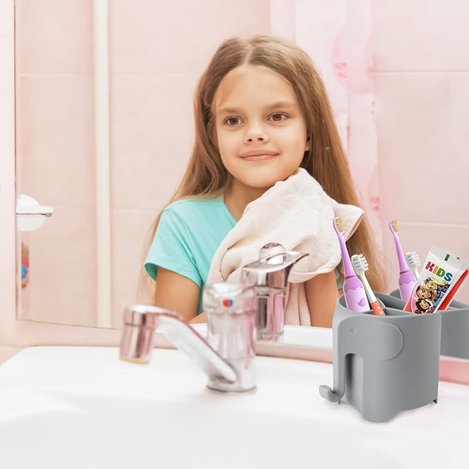 RyanLemon Elephant Toothbrush Holder for Toddler, Suction Cup Cute Toothbrush Holder for Kids, for Bathroom, with 3 Slots and 1 Hook, Grey