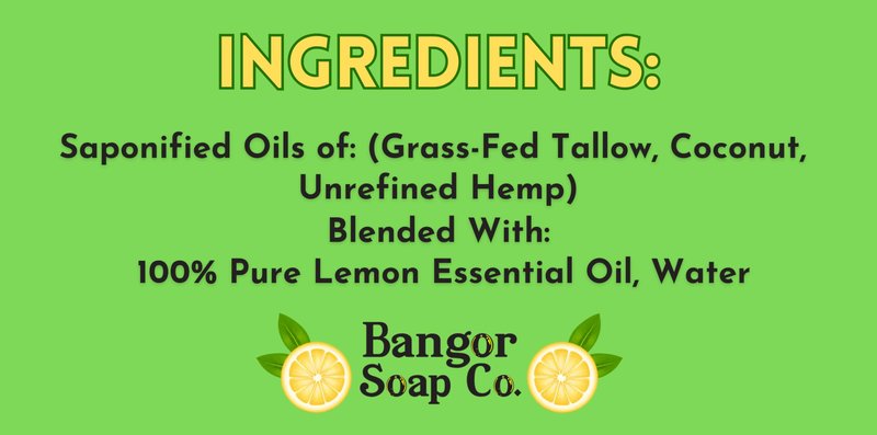 Bangor Soap Co.'s FRESH LEMON Pure, Natural Soap Bars, The FINEST Tallow, Coconut, and Hemp, NOTHING Artificial, NOTHING Superficial for A Smooth, Nourishing Lather (3-Pack)