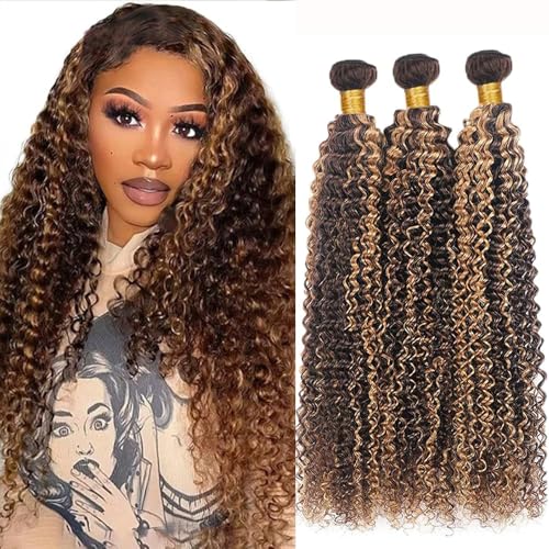Brown Human Hair Bundles P427 Highlight Honey Blonde Curly Wave 3 Bundles Human Hair 30 32 34 Inch Double Weft Grade 12A Unprocessed Virgin Remy Hair 2 Tone #4 Mixed With Color 27 50g Per Bundle