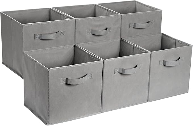 Amazon Basics Collapsible Fabric Storage Cube Bins Organizer with Handles, Sturdy, Gray, 13-x-13-x-13-inch, Pack of 6
