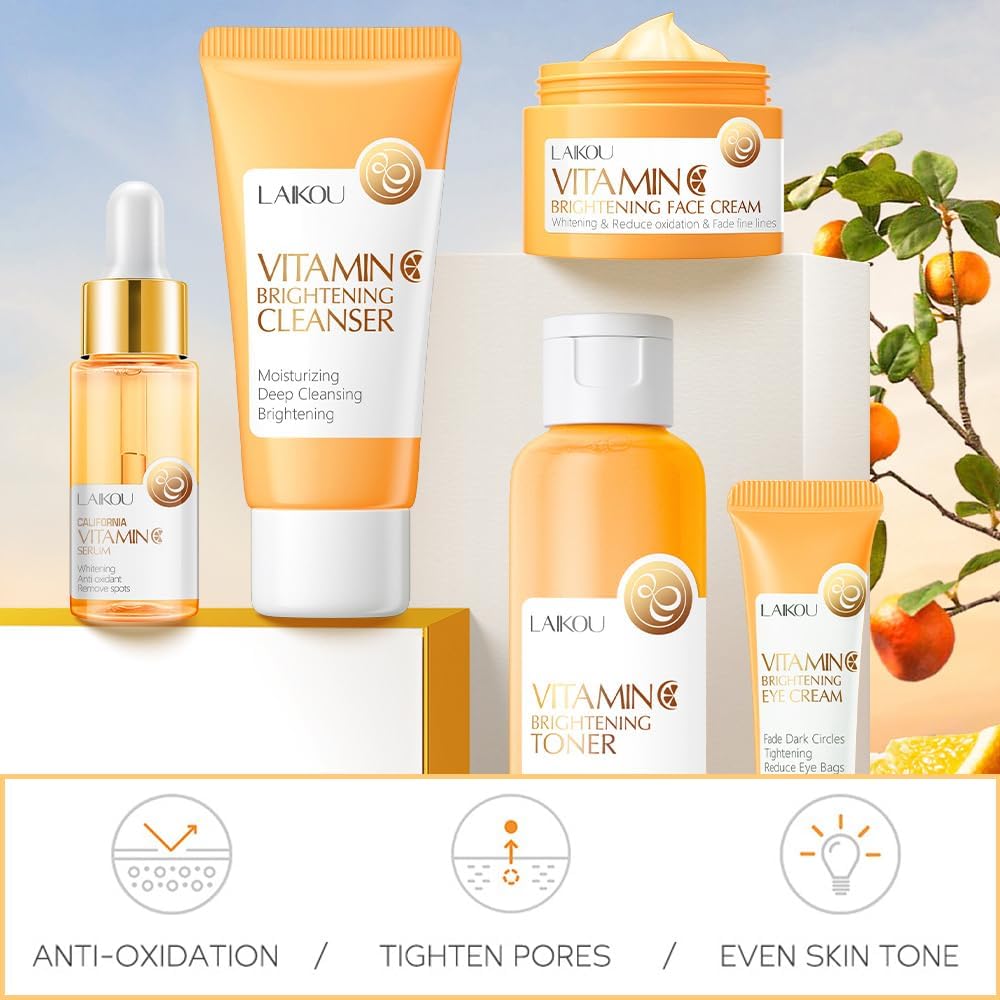 Vitamin C Skincare Set, Moisturizing Face Skin Care Kit with Facial Cleanser, Face Serum, Face Cream, Eye Cream, Toner For Hydrating Skin, Anti-Aging Skin