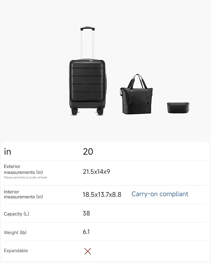 YOETEY Carry On Luggage 22x14x9 Airline Approved, 20" Hardside Suitcase with Front Pocket for Laptop, Lightweight Spinner Luggage with TSA Lock & Matching Tote Bag (3 Piece Sets, White)