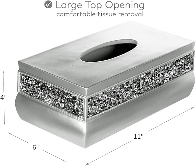 Crackled Glass Silver Tissue Box Cover Rectangular - Decorative Bling Tissue Box Holder with Beautiful Mosaic Glass - Elegant Tissue Holder for Bathroom with Durable Bottom Slider (Silver Collection)