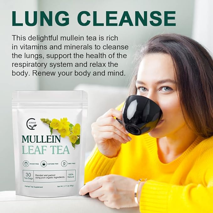 Mullein Leaf Tea Bags - Lungs Cleanse and Respiratory Support, Herbal Teas, Caffeine Free, 30 Tea Bags