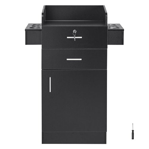 VEVOR Salon Storage Cabinet, Barber Salon Station for Hair Stylist, Hair Stylist Station Set, with 6 Sleeves, 1 Storage Cabinet, and 2 Drawers(One Lockable), Black
