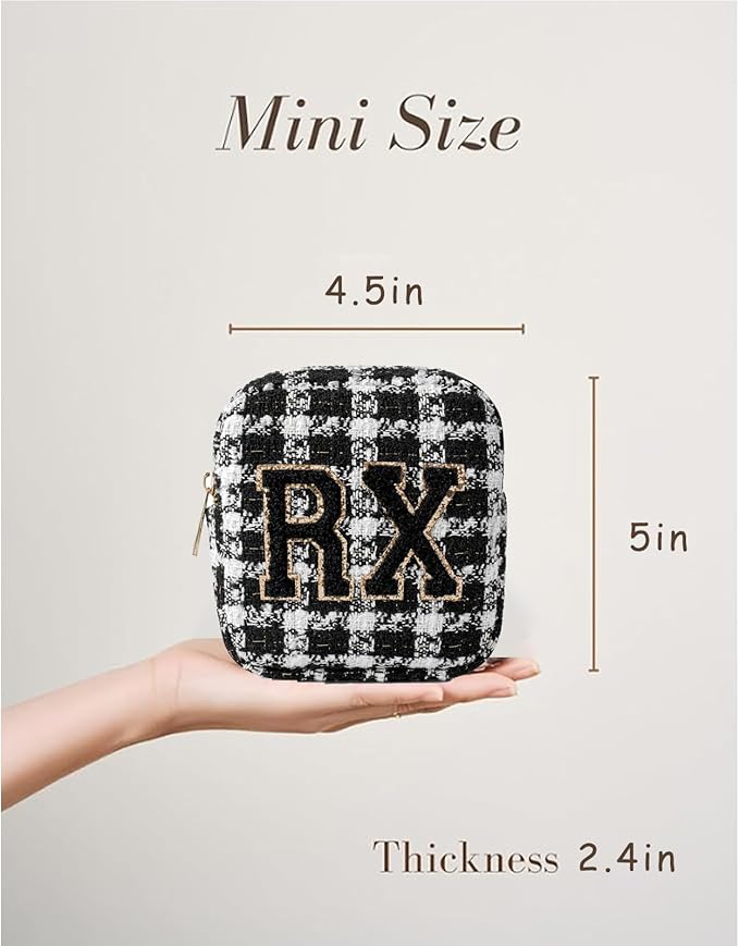 Small Medicine Bag for Travel, Personalized RX Chenille Letters Checkered Pouch for Women and Girls, Cute Meds Drug Makeup Bags with Zipper (03Black Checkered)