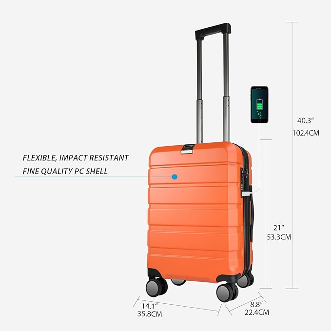 KROSER Hardside Expandable Carry On Luggage with Spinner Wheels & Built-in TSA Lock, Durable Suitcase Rolling Luggage with USB Port, Carry-On 20-Inch Orange