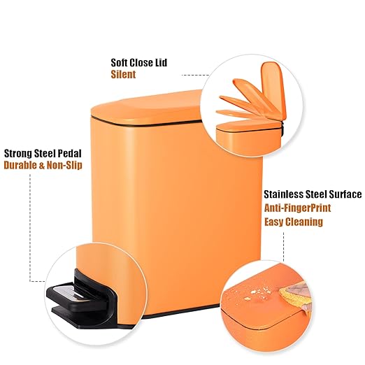 Cesun Small Bathroom Trash Can with Lid Soft Close, Step Pedal, 6 Liter / 1.6 Gallon Stainless Steel Garbage Can with Removable Inner Bucket, Anti-Fingerprint Finish (Matt Orange)
