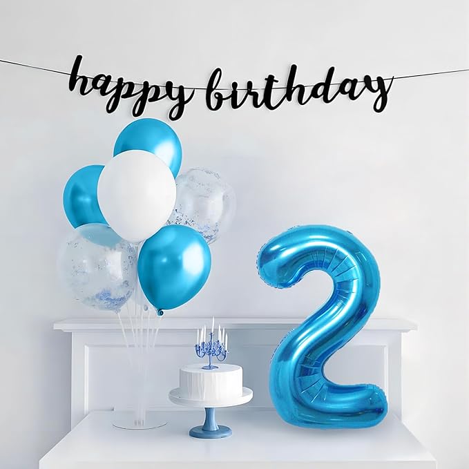 Blue 2 Number Balloon, 40 Inch, Mylar Foil, for Birthday Party Decoration, Unisex, Includes Ribbon & Straw