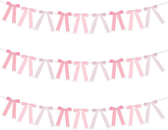 Haooryx Pre-Strung Pink Bow Garland Banner - 3pcs Coquette Bow Pink Ribbon Hanging Banner Garland for Girls Birthday Bridal Shower Wedding Bachelorette Party Decoration Home Wall Photo Props Supply