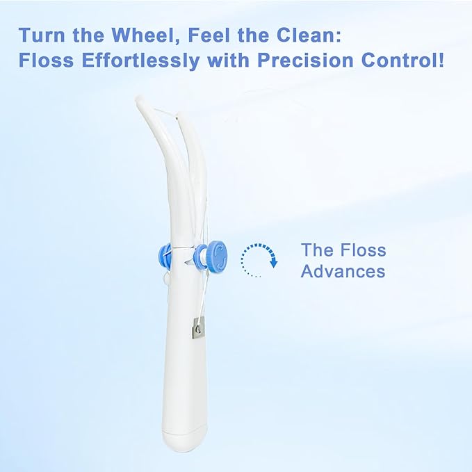 The Floss Advances - Dental Floss Holder, Tension Adjustable Interdental Flosser, Reusable and Refillable Handle with Preloaded Floss 66 ft/ 20 m - (1 Handle + 1 Extra Spool of Different Material)