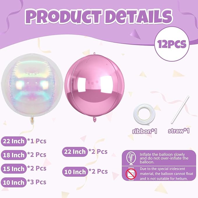 Biapian 12Pcs Pink and Iridescent Round Balloons Foil, 22" 18" 15" 10" 4D Round Shaped Ball Balloon, Large Pink Bubble Balloons for Wedding Prom Bridal Baby Shower Birthday Party Decorations Backdrop