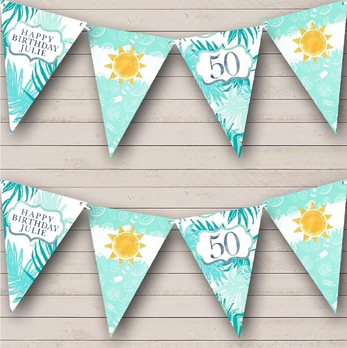 Tropical Holiday Age Blue Sun Personalized Birthday Party Bunting - Hanging Party Decoration - Birthday Party Banner Garland | Decorative Party Supplies