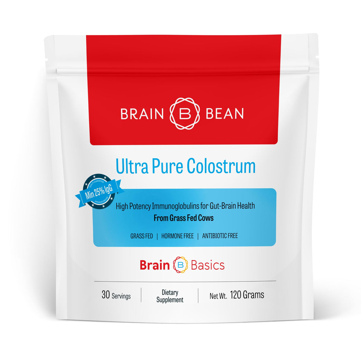 Brain Basics Ultra-Pure Colostrum, 4000mg per Serving, Min 25% IgG antibodies, Gut-Brain-Immune Health, Glowing Hair and Skin. Colostrum Powder from Grass-Fed Cows. 120 Grams - 30 Servings