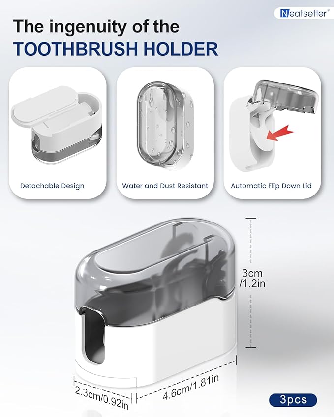 Toothbrush Holder with Auto-Close Cover – Waterproof, Dust-Proof Tooth Brush Hanger Rack for Electric Toothbrushes, 3-Pack No Drill Wall-Mounted Toothbrushes Organizer - Grey