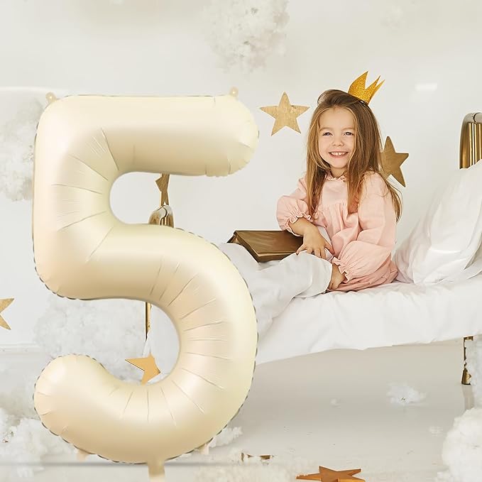 Number 5 Balloon Beige,40 Inch Large Cream Foil 5 Helium Balloons for Boys Girls Birthday Anniversary Decorations